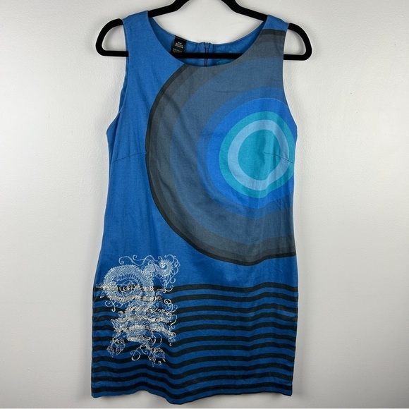 Desigual Boho Artsy Cotton Blend Sleeveless Blue Shift Dress Small - Picture 2 of 11